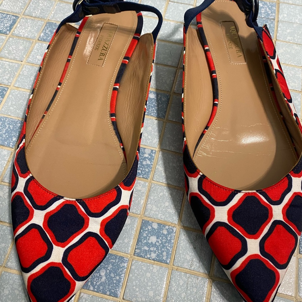 Aquazzura designer slingback ballet flats pointed toe geometric red blue size 8 - Picture 8 of 9